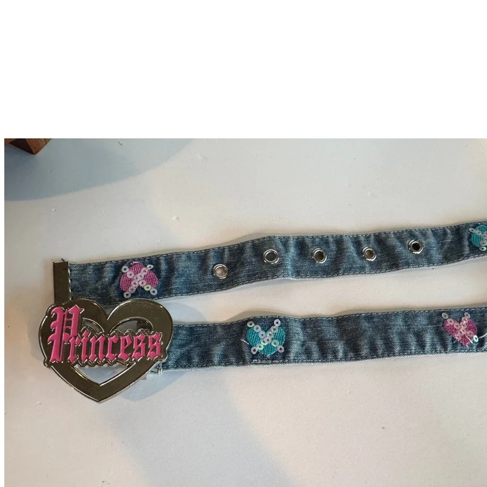 Vintage Princess Heart Buckle Denim Belt Sequin Hearts Y2K Style